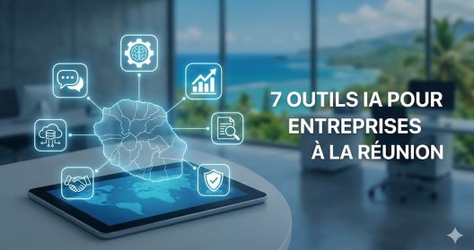 Tablette avec carte de la R&eacute;union et ic&ocirc;nes d'outils IA pour entreprises.