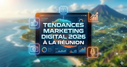 Texte sur une tablette : "Tendances marketing digital 2026 &agrave; La R&eacute;union".
