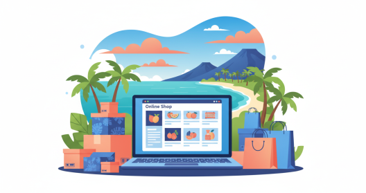 Illustration d'un commer&ccedil;ant r&eacute;unionnais pr&eacute;parant des commandes en ligne dans sa boutique