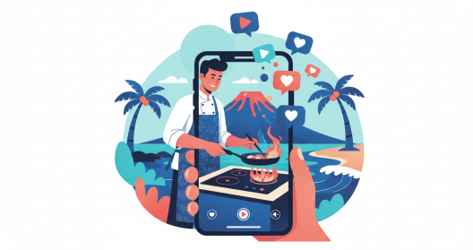 Illustration d'un smartphone filmant une sc&egrave;ne d'entreprise r&eacute;unionnaise en format vertical, entour&eacute; d'ic&ocirc;nes de lecture vid&eacute;o